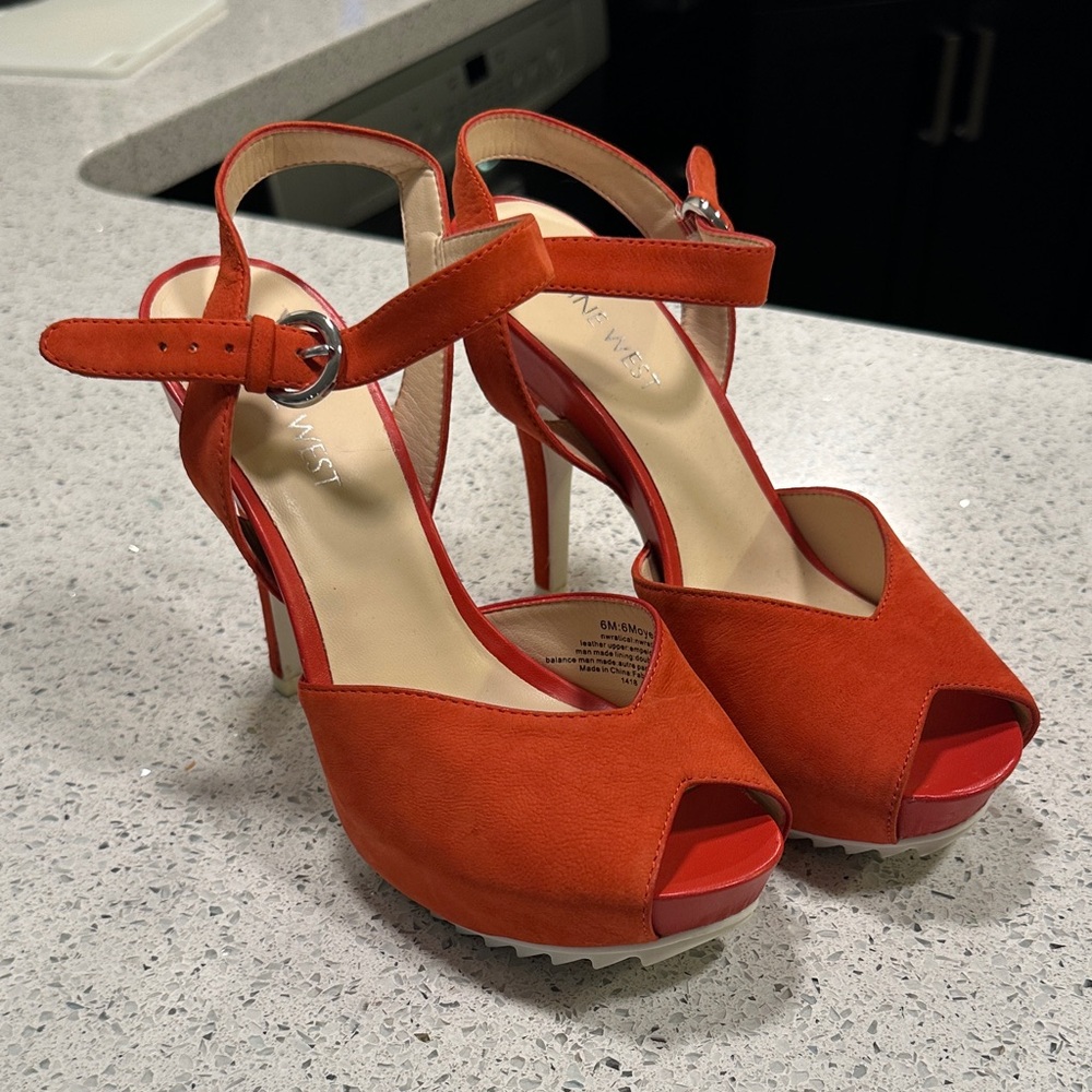 Nine West Women's Vibrant Orange Suede Peep Toe Heels